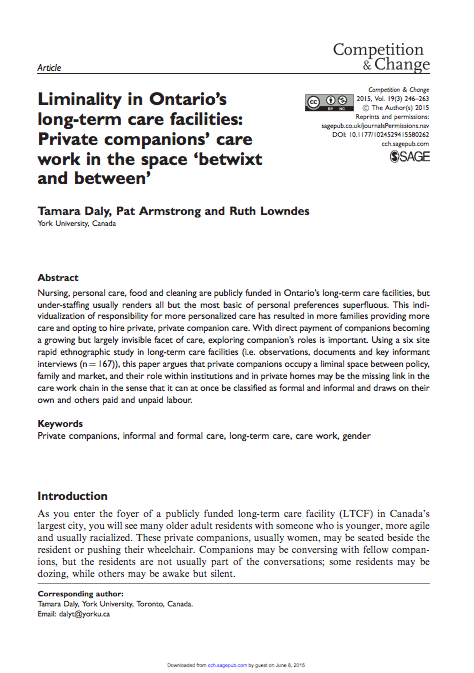 Liminality in Ontario’s Long-Term Care Homes: Paid Companions’ Care Work in the Space ‘Betwixt and Between’ (2015)